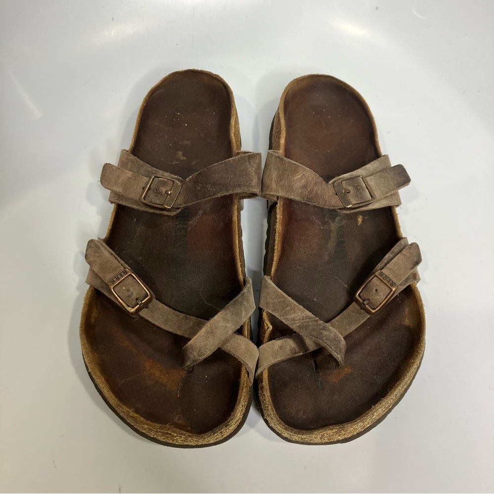 Birkenstock Mayari sandals taupe leather straps women’s size 40/9 trendy‎ cork